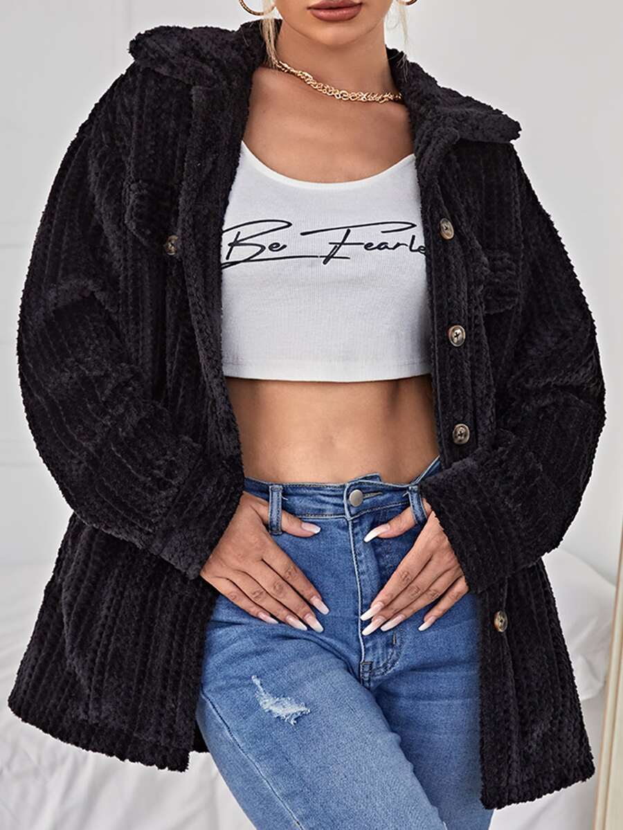 SHEIN Áo khoác nữ Túi Nút phía trước màu trơn Giải trí - màu đen - Xem 1