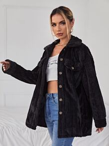 SHEIN Áo khoác nữ Túi Nút phía trước màu trơn Giải trí - màu đen - Xem 3