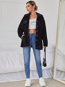 SHEIN Áo khoác nữ Túi Nút phía trước màu trơn Giải trí - màu đen - Xem 4