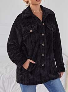 SHEIN Áo khoác nữ Túi Nút phía trước màu trơn Giải trí - màu đen - Xem 5
