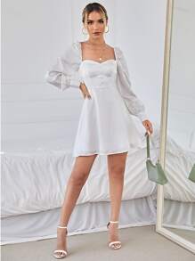 SHEIN 雞心領紐扣緞面連衣裙 - 白色 - 查看 4