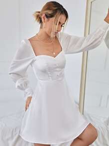 SHEIN 雞心領紐扣緞面連衣裙 - 白色 - 查看 5