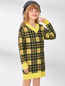 SHEIN Girls Plaid Drop Shoulder Sweater Dress