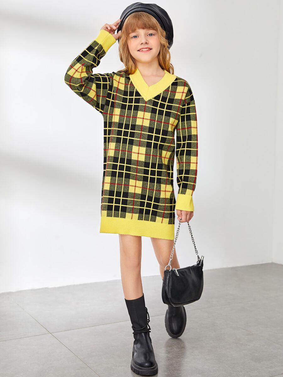 SHEIN Girls Plaid Drop Shoulder Sweater Dress