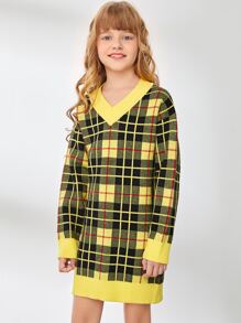 SHEIN Girls Plaid Drop Shoulder Sweater Dress