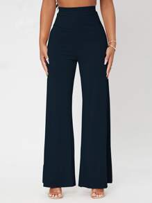 SHEIN PETITE Solid Rib-knit Wide Leg Pants - Navy Blue - View 1