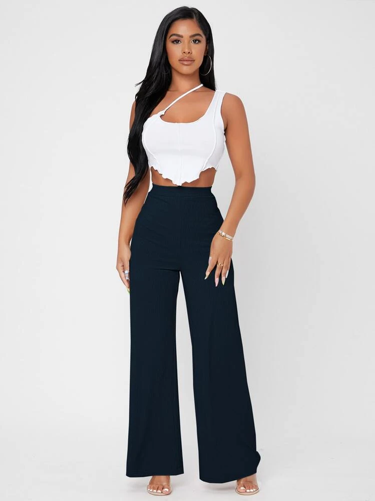 SHEIN PETITE Solid Rib-knit Wide Leg Pants - Navy Blue - View 3