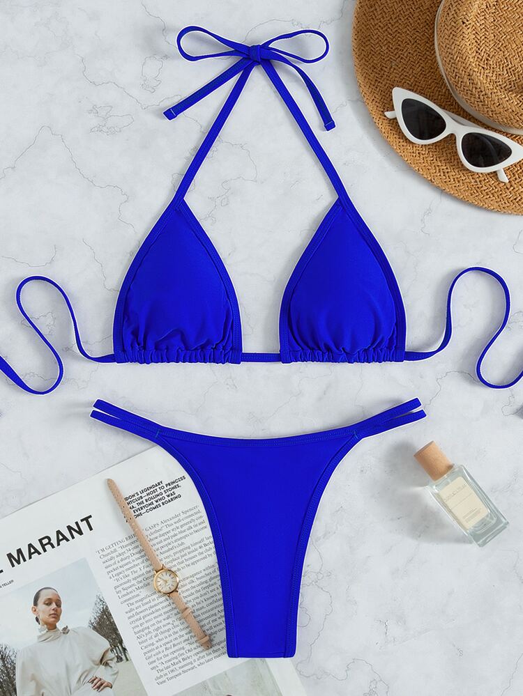 Maiô Bikini Cavado Triangular Tipo Tanga, Para Férias de Verão na Praia - Azul Royal - Visão 7