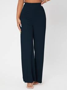 SHEIN PETITE Solid Rib-knit Wide Leg Pants - Navy Blue - View 4