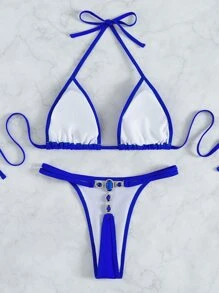 Halter Triangle Thong Bikini, For Summer Beach Vacation - Royal Blue - View 3