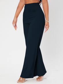 SHEIN PETITE Solid Rib-knit Wide Leg Pants - Navy Blue - View 5