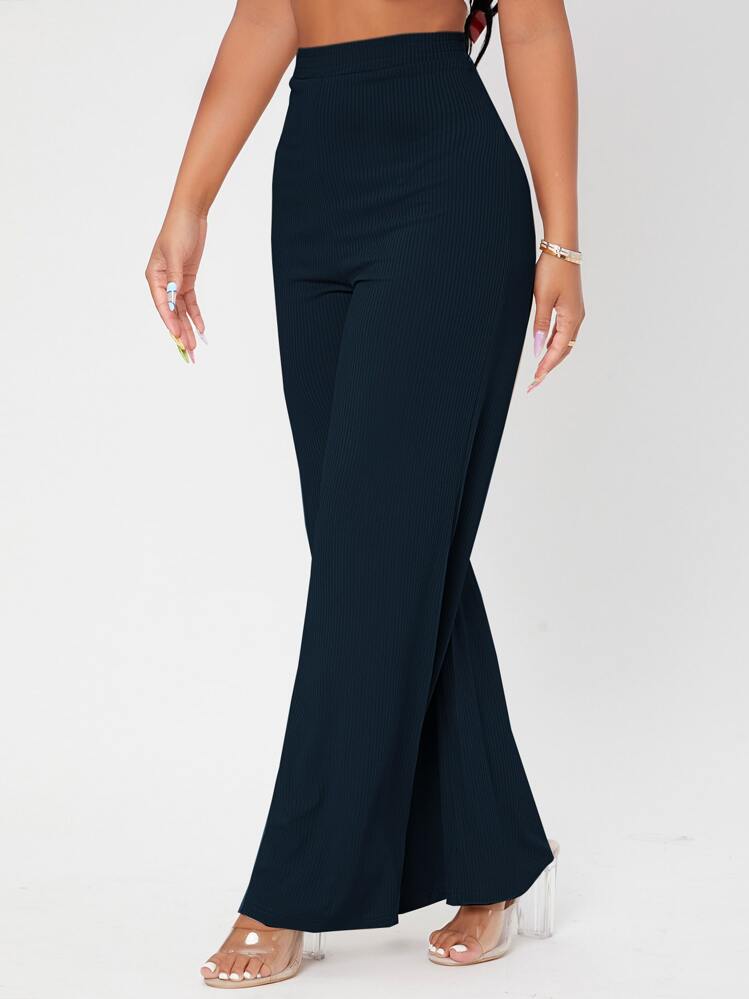 SHEIN PETITE Solid Rib-knit Wide Leg Pants - Navy Blue - View 5