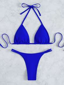 Halter Triangle Thong Bikini, For Summer Beach Vacation - Royal Blue - View 6