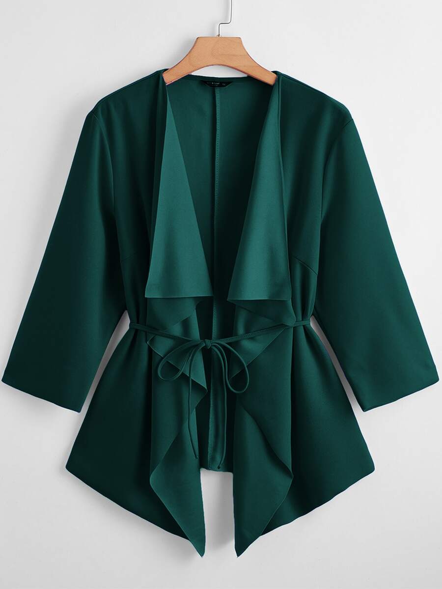 SHEIN Clasi Plus Waterfall Collar Belted Coat - Dark Green - View 1