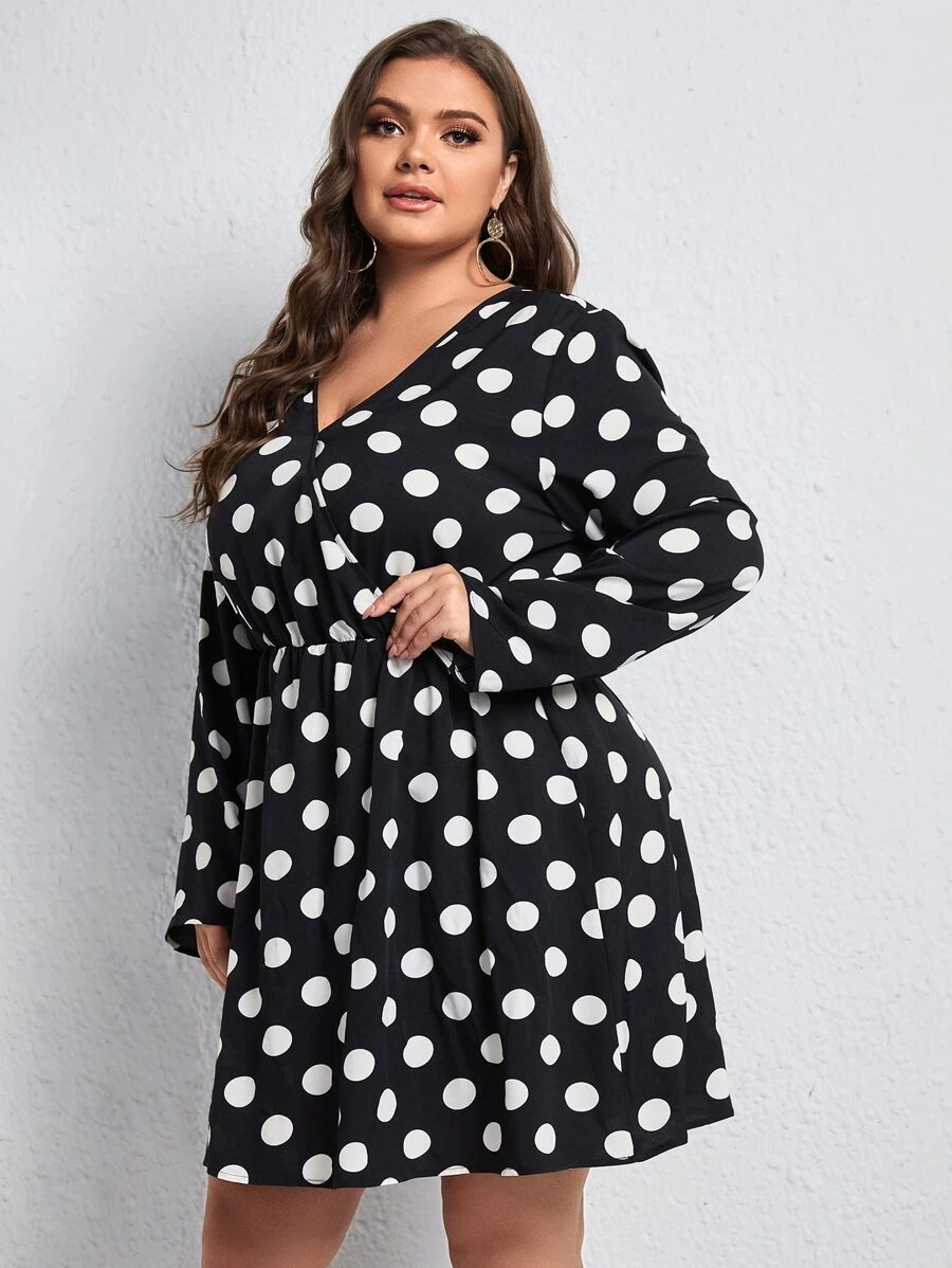 SHEIN Plus Polka Dot Dress - Black and White - View 1