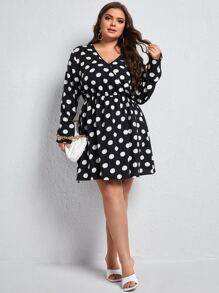 SHEIN Plus Polka Dot Dress - Black and White - View 3
