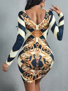 SHEIN SXY Argyle & Baroque Print Bodycon Dress - Multicolor - View 2