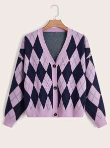SHEIN Qutie Plus Argyle Pattern Drop Shoulder Cardigan - Multicolor - View 1