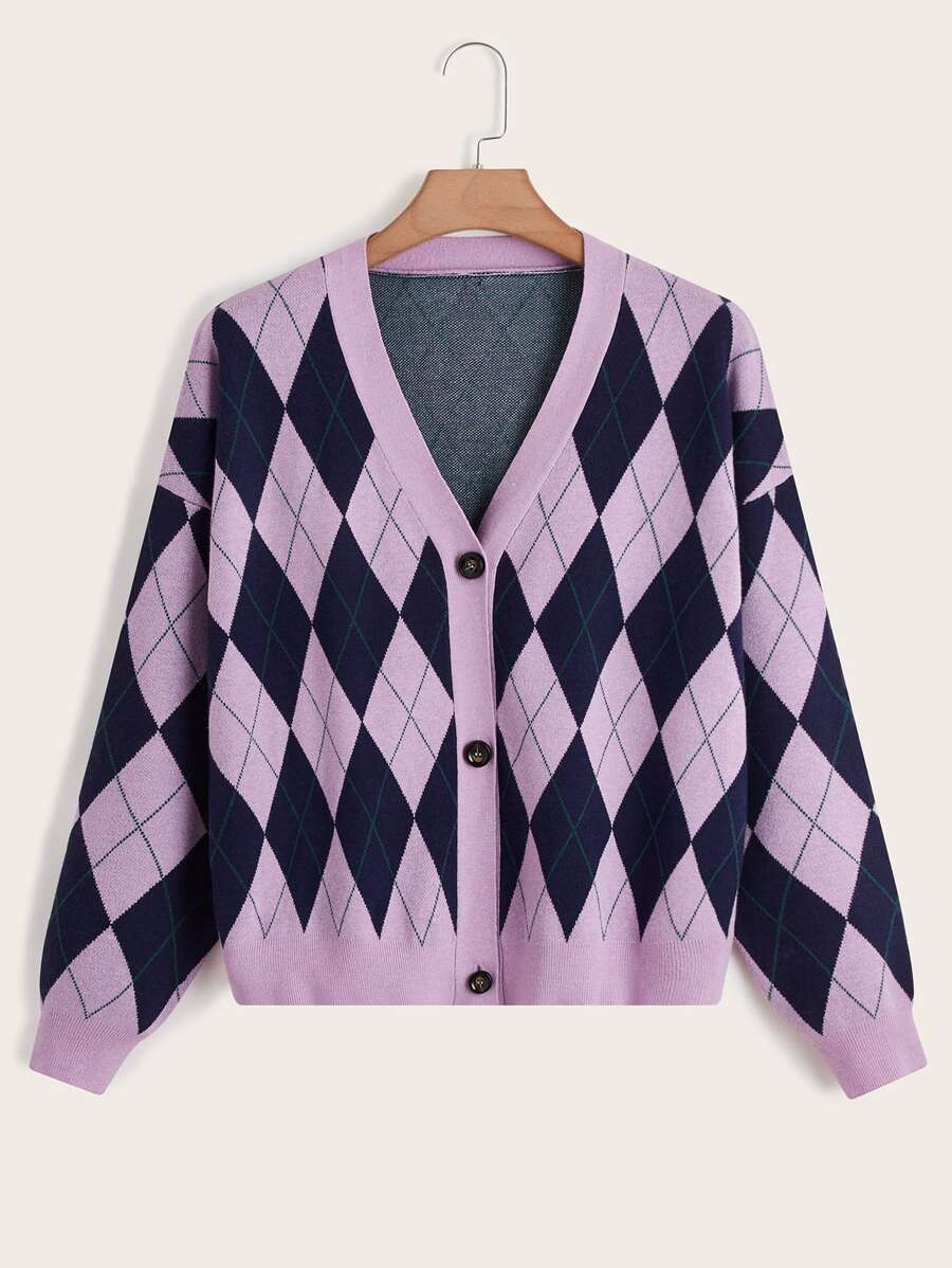 SHEIN Qutie Plus Argyle Pattern Drop Shoulder Cardigan - Multicolor - View 1