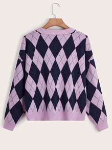 SHEIN Qutie Plus Argyle Pattern Drop Shoulder Cardigan - Multicolor - View 2