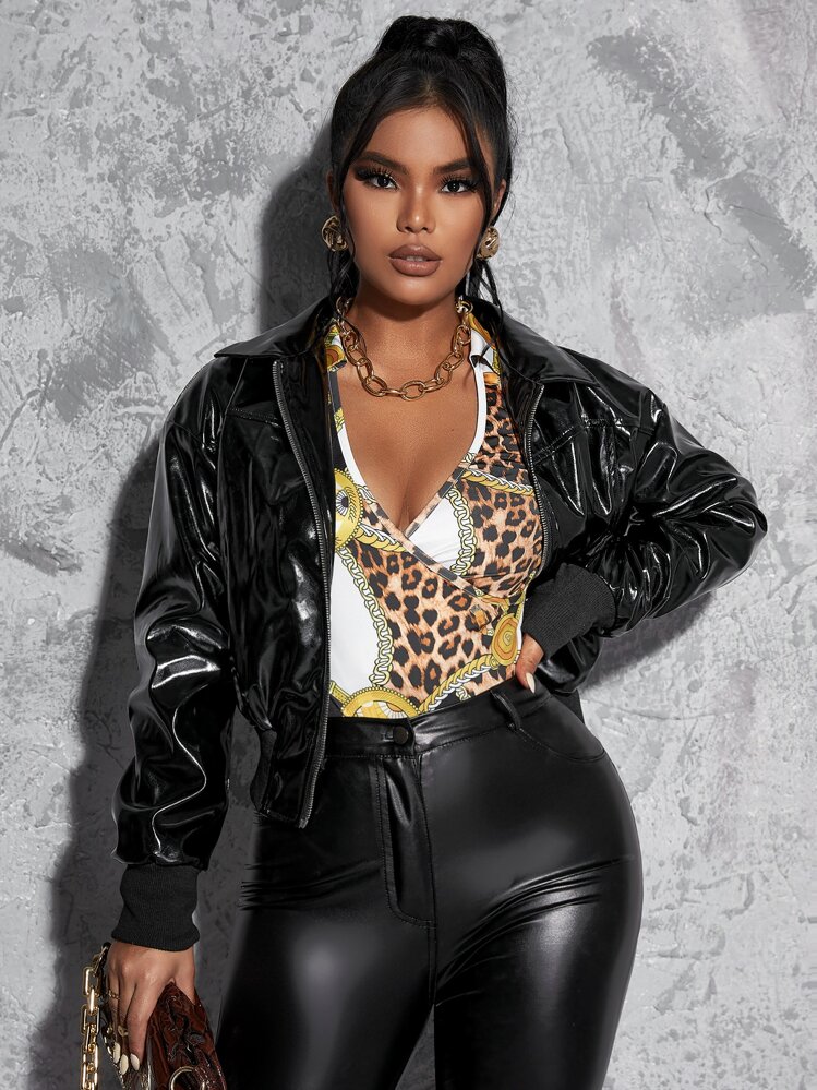 SHEIN SXY Drop Shoulder Zipper PU Leather Jacket | SHEIN display picture 1