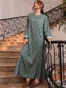 Al Najma Plant Print Contrast Piping Notched Neck Tunic Dress Without Belt - Dark Green - View 1