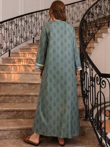 Al Najma Plant Print Contrast Piping Notched Neck Tunic Dress Without Belt - Dark Green - View 2