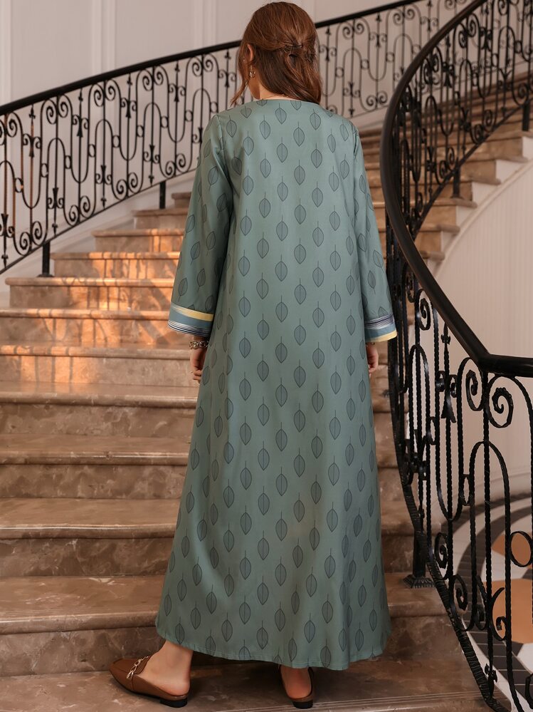 Al Najma 植物印花拼接滾邊缺口領直筒連衣裙不附腰帶 - 墨綠色 - 查看 2