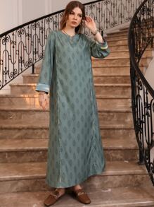 Al Najma Plant Print Contrast Piping Notched Neck Tunic Dress Without Belt - Dark Green - View 3
