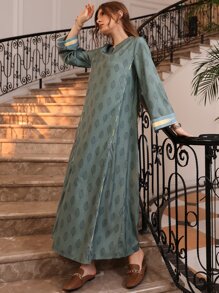 Al Najma Plant Print Contrast Piping Notched Neck Tunic Dress Without Belt - Dark Green - View 7