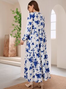 Mulvari Floral Print Bishop Sleeve Ruffle Hem Modest Long Sleeve Dress