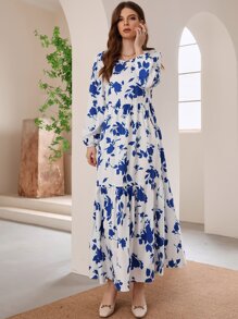 Mulvari Floral Print Bishop Sleeve Ruffle Hem Modest Long Sleeve Dress