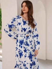 Mulvari Floral Print Bishop Sleeve Ruffle Hem Modest Long Sleeve Dress