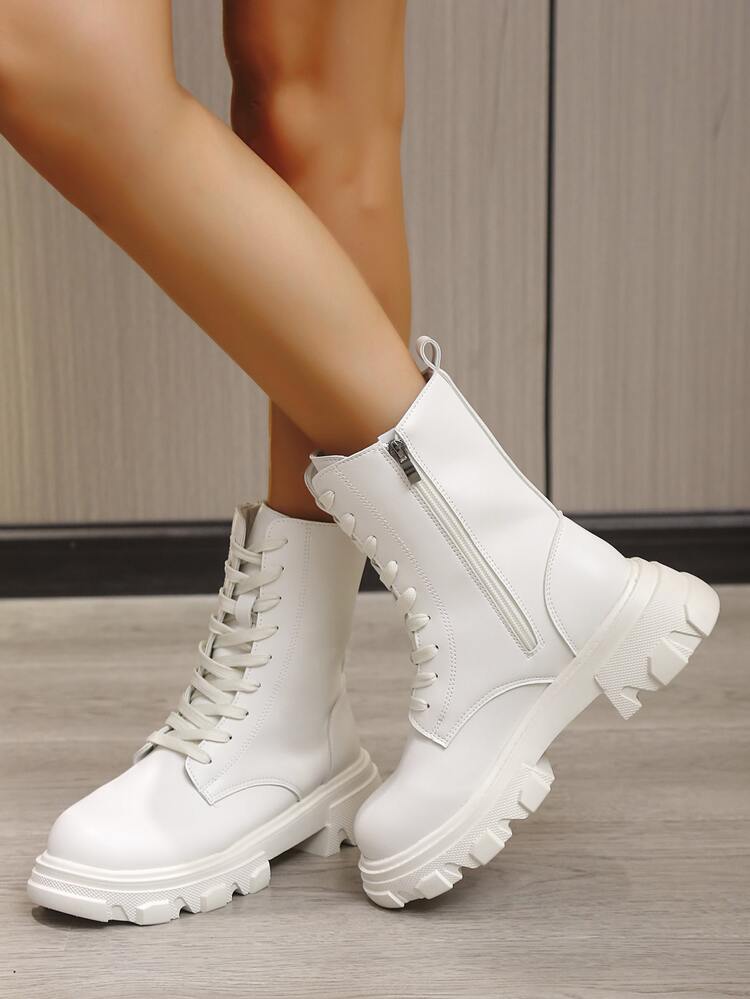 Minimalist Lace-up Front Side Zipper Boots - Beige - View 3