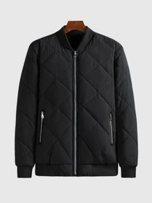 Manfinity Men Baseball Collar Quilted Padded Coat - Black - View 3