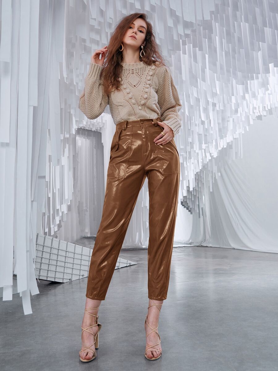 SHEIN Pantalones rectos PU - Marrón - Ver 1