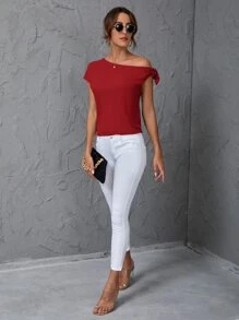 SHEIN Clasi Solid Oblique Shoulder Blouse - Red - View 3