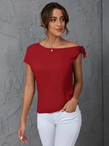 SHEIN Clasi Solid Oblique Shoulder Blouse - Red - View 4