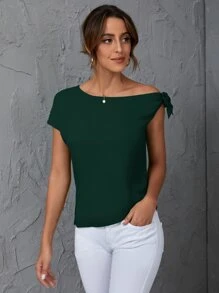 SHEIN Clasi 素色斜肩襯衫 - 墨綠色 - 查看 6