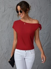 SHEIN Clasi Solid Oblique Shoulder Blouse - Red - View 5