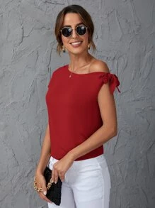 SHEIN Clasi Solid Oblique Shoulder Blouse - Red - View 6