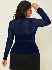 SHEIN BAE 加大立领透视网眼上衣（无抹胸） - 寶藍色 - 查看 2