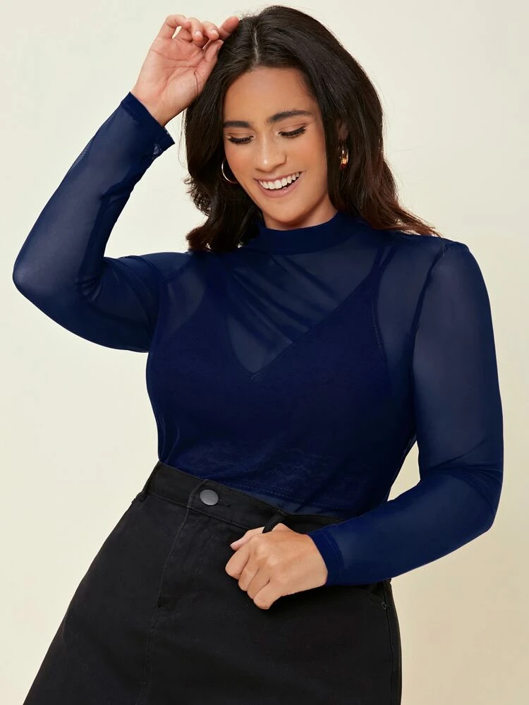 Plus Mock Neck Sheer Mesh Top Without Tube
