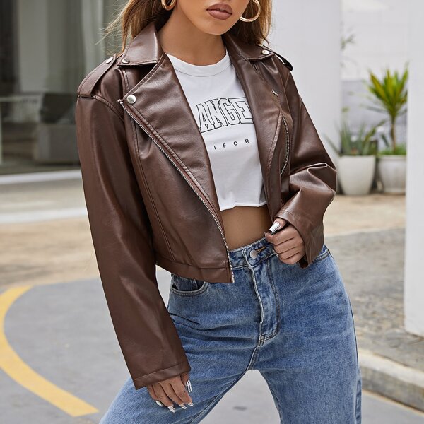 

Lapel Neck Zip Front PU Leather Moto Jacket, Brown