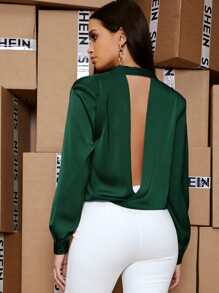 SHEIN BAE Plunge Neck Twist Hem Split Back Top - Dark Green - View 2