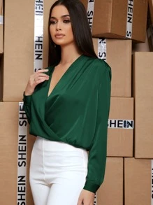 SHEIN BAE Plunge Neck Twist Hem Split Back Top - Dark Green - View 3