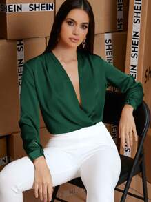 SHEIN BAE Plunge Neck Twist Hem Split Back Top - Dark Green - View 4