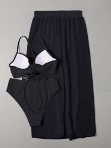 Swim Vcay Summer Beach 3packs Solid Underwire High Waisted Bikini & Beach Skirt - Black - View 2