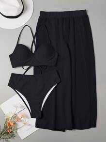 Swim Vcay Summer Beach 3packs Solid Underwire High Waisted Bikini & Beach Skirt - Black - View 4