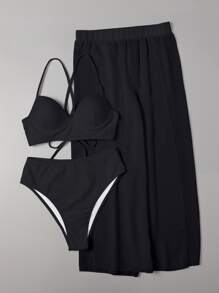 Swim Vcay Summer Beach 3packs Solid Underwire High Waisted Bikini & Beach Skirt - Black - View 5